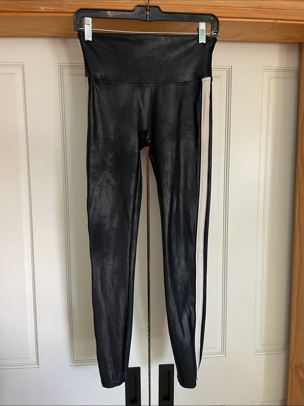 SPANX Black Faux-Leather Leggings with White Side Stripe